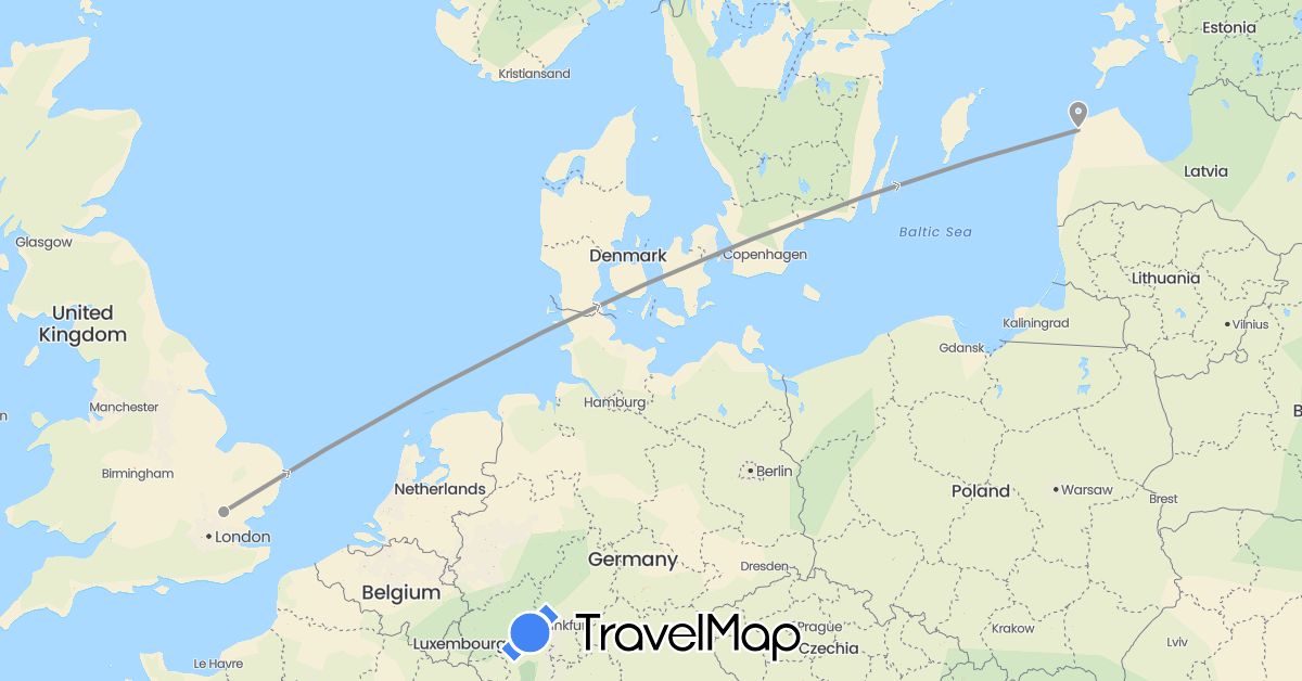 TravelMap itinerary: driving, plane in United Kingdom, Latvia (Europe)
